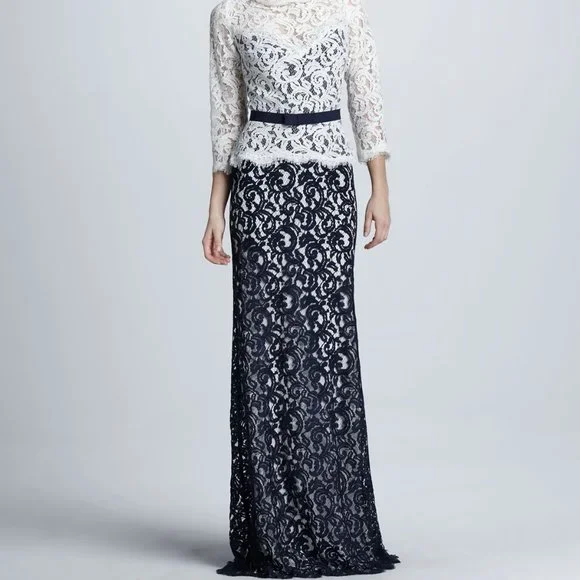 Elegant Tadashi Shoji Formal Illusion Lace Two-Tone Cream Black Gown W/ … - Picture 11 of 13